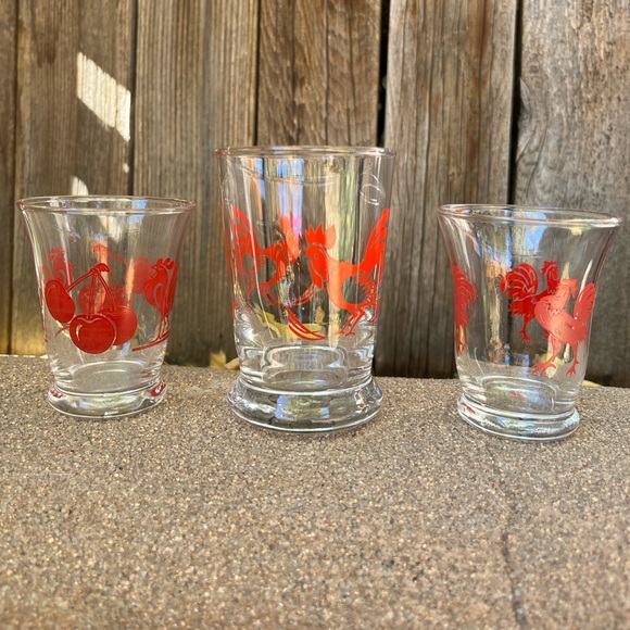 Libby Red Rooster Vintage Set of Chicken Juice Glasses Red Rooster & Cherry Cups - Picture 4 of 12